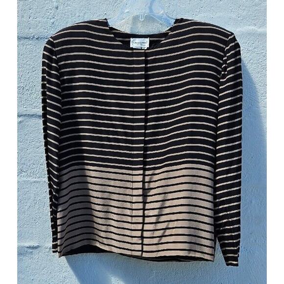 Vintage Blazer Skirt Set Womens 14 Tan Silk Black Striped Jacket Top Retro 80s - Picture 2 of 13